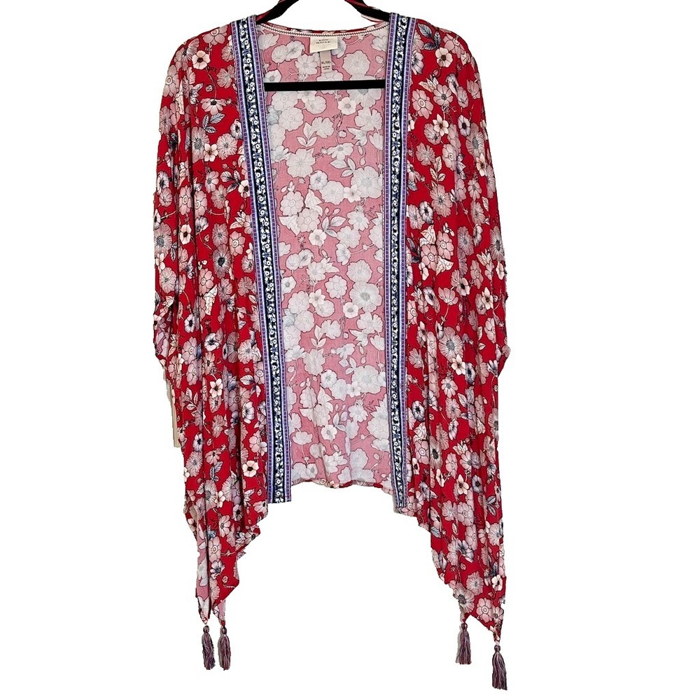 Knox Rose Kimono  Womens‎ XL/XXL Red Floral Print Open Front Tassel Boho Duster